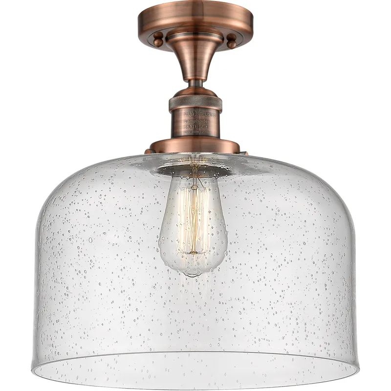 Franklin Restoration X-Large Bell LED 12 inch Antique Copper Semi-Flush Mount Ceiling Light in Seedy Glass, Franklin Restoration