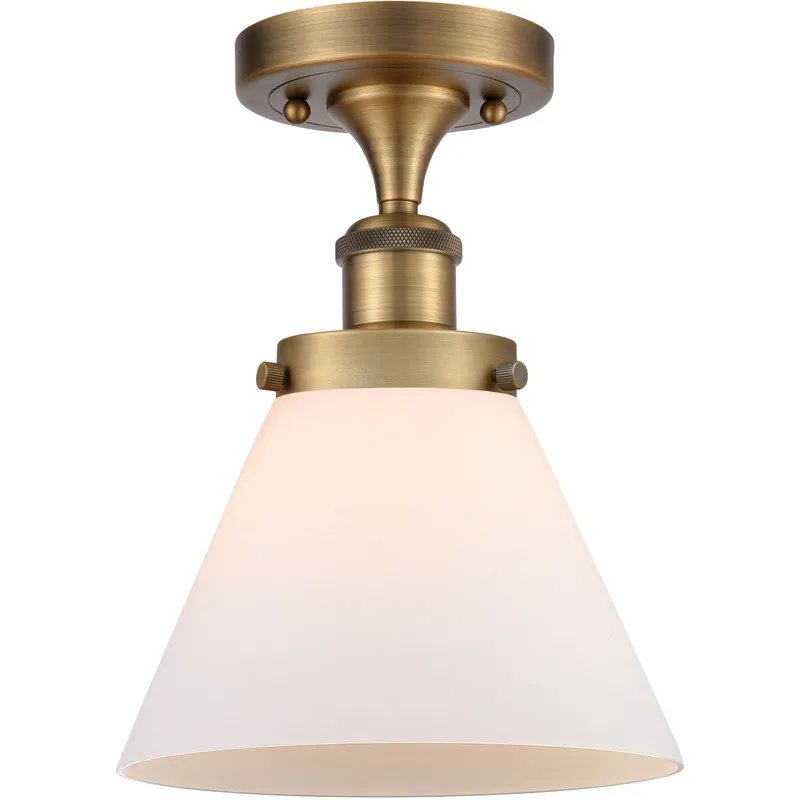 Ballston Large Cone LED 8 inch Brushed Brass Semi-Flush Mount Ceiling Light in Matte White Glass