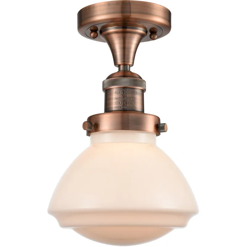 Franklin Restoration Olean 1 Light 6.75 inch Antique Copper Semi-Flush Mount Ceiling Light in Matte White Glass, Franklin Restoration