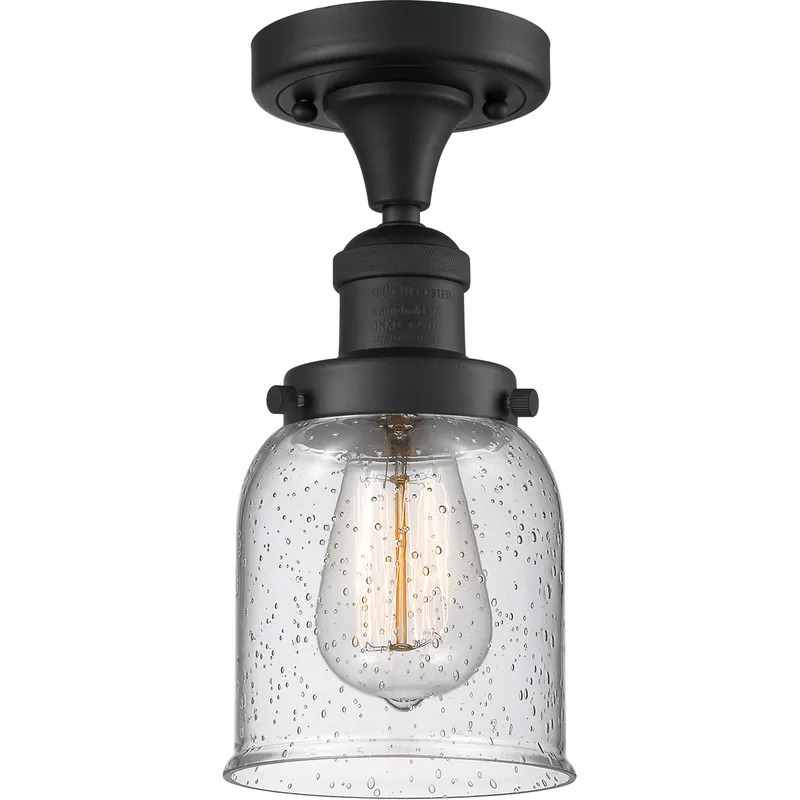 Franklin Restoration Small Bell 1 Light 5 inch Matte Black Semi-Flush Mount Ceiling Light in Seedy Glass, Franklin Restoration