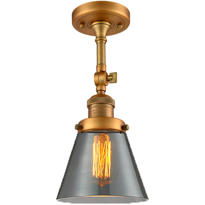 Franklin Restoration Small Cone 1 Light 6 inch Brushed Brass Semi-Flush Mount Ceiling Light in Plated Smoke Glass, Franklin Restoration