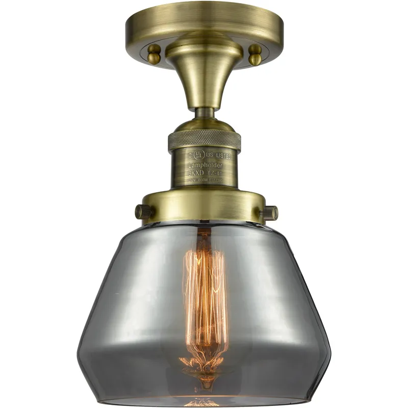 Franklin Restoration Fulton LED 6.75 inch Antique Brass Semi-Flush Mount Ceiling Light in Plated Smoke Glass, Franklin Restoration