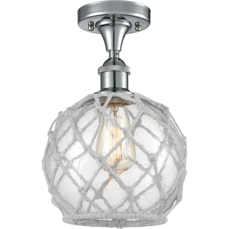 Ballston Farmhouse Rope LED 8 inch Polished Chrome Semi-Flush Mount Ceiling Light in Clear Glass with White Rope, Ballston