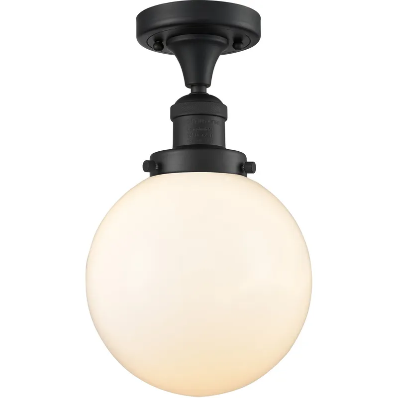 Franklin Restoration Large Beacon 1 Light 8 inch Matte Black Semi-Flush Mount Ceiling Light in Matte White Glass, Franklin Restoration