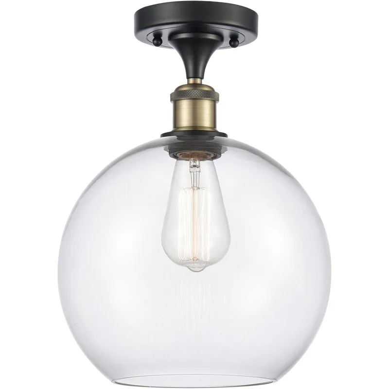 Ballston Large Athens LED 10 inch Black Antique Brass Semi-Flush Mount Ceiling Light in Clear Glass, Ballston