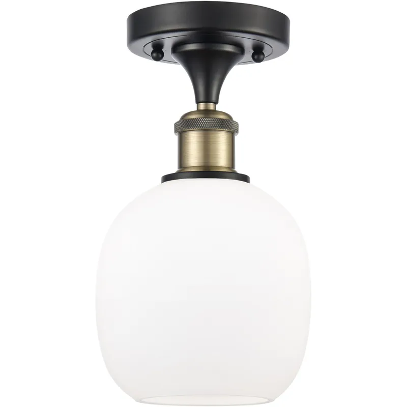 Ballston Belfast LED 6 inch Black Antique Brass Semi-Flush Mount Ceiling Light in Matte White Glass, Ballston
