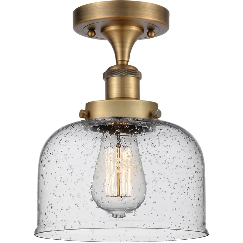 Ballston Large Bell 1 Light 8 inch Brushed Brass Semi-Flush Mount Ceiling Light in Seedy Glass