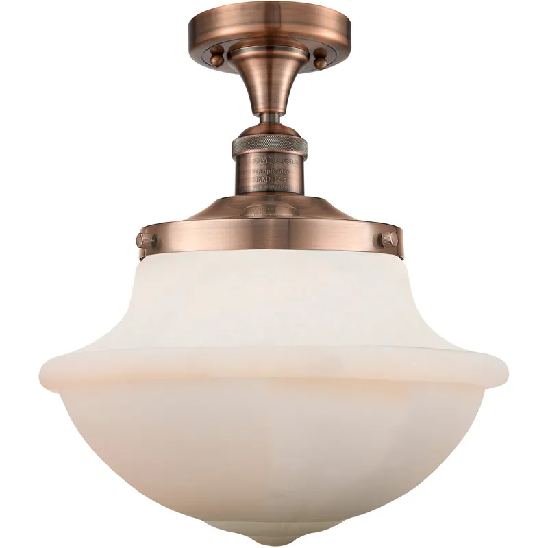 Franklin Restoration Large Oxford 1 Light 12 inch Antique Copper Semi-Flush Mount Ceiling Light in Matte White Glass, Franklin Restoration