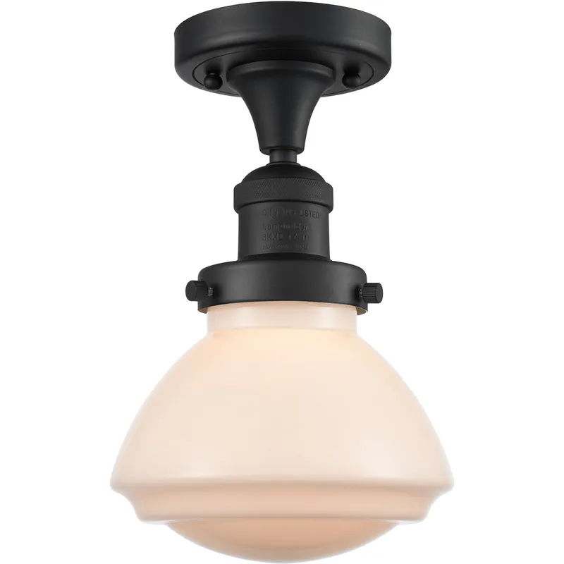Franklin Restoration Olean 1 Light 7 inch Matte Black Semi-Flush Mount Ceiling Light in Matte White Glass, Franklin Restoration