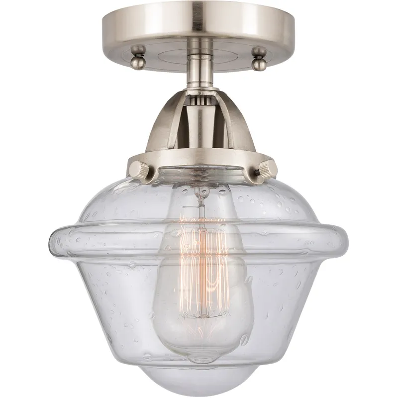 Nouveau 2 Small Oxford 1 Light 8 inch Brushed Satin Nickel Semi-Flush Mount Ceiling Light in Seedy Glass
