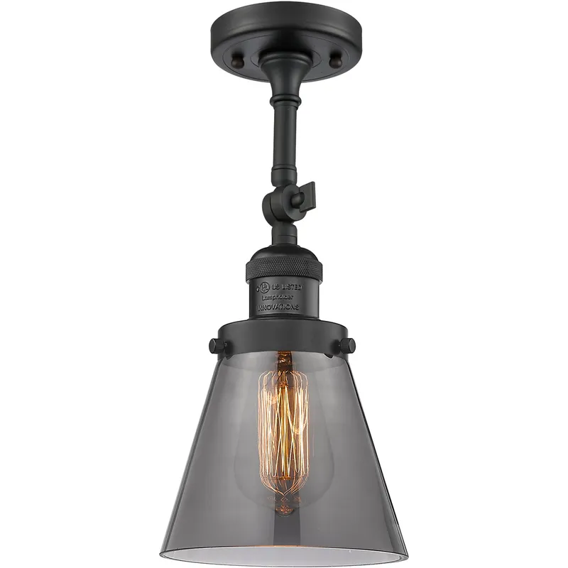 Franklin Restoration Small Cone 1 Light 6 inch Matte Black Semi-Flush Mount Ceiling Light in Plated Smoke Glass, Franklin Restoration