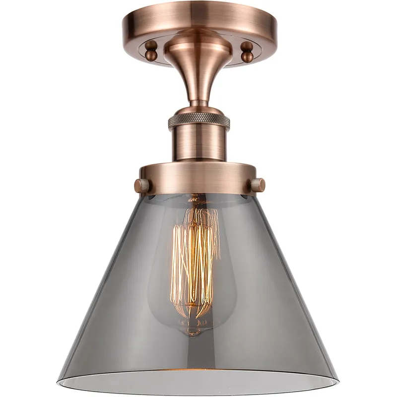 Ballston Large Cone LED 8 inch Antique Copper Semi-Flush Mount Ceiling Light in Light Smoke Glass