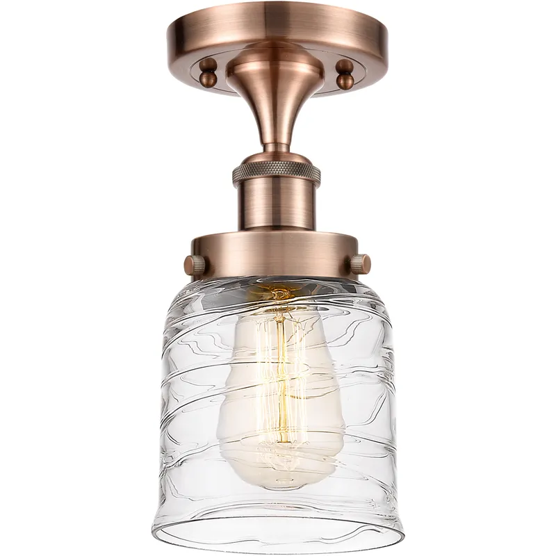 Bell 1 Light 5 inch Antique Copper Semi-Flush Mount Ceiling Light in Clear Deco Swirl Glass