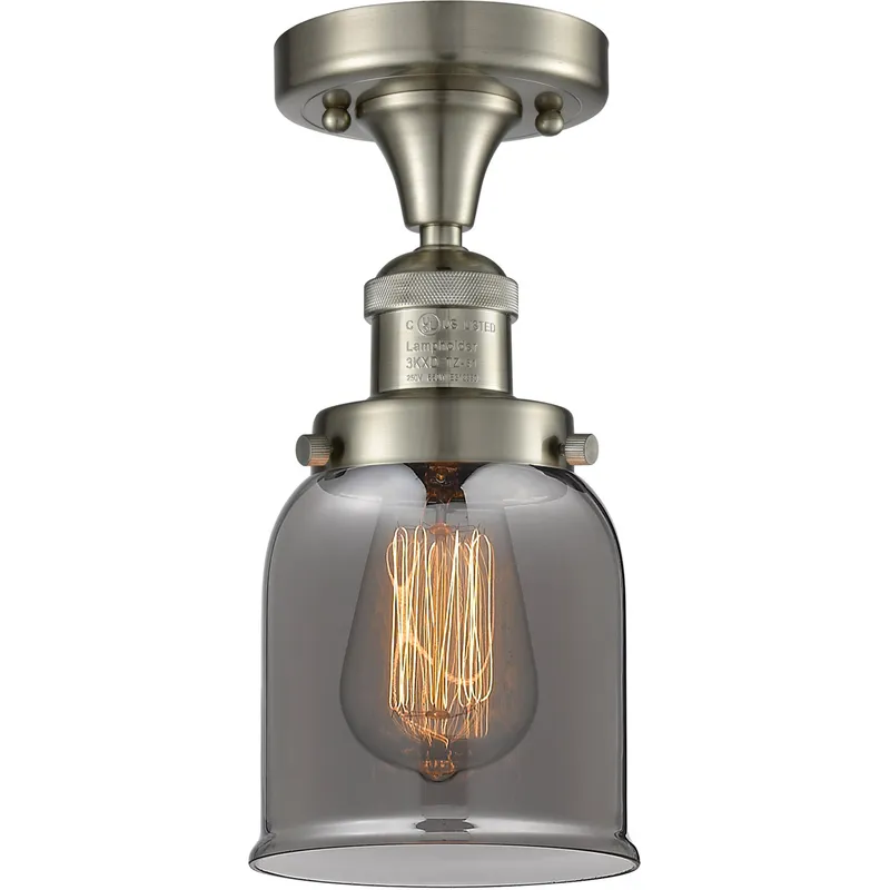 Franklin Restoration Small Bell 1 Light 5 inch Brushed Satin Nickel Semi-Flush Mount Ceiling Light in Light Smoke Glass, Franklin Restoration