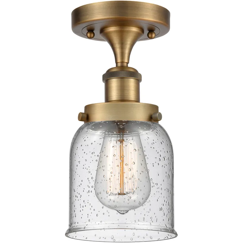 Bell 1 Light 5 inch Brushed Brass Semi-Flush Mount Ceiling Light in Seedy Glass