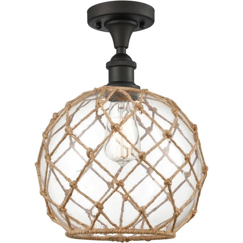 Edison Farmhouse Rope 1 Light 10 inch Oil Rubbed Bronze Semi-Flush Mount Ceiling Light in Clear Glass with Brown Rope