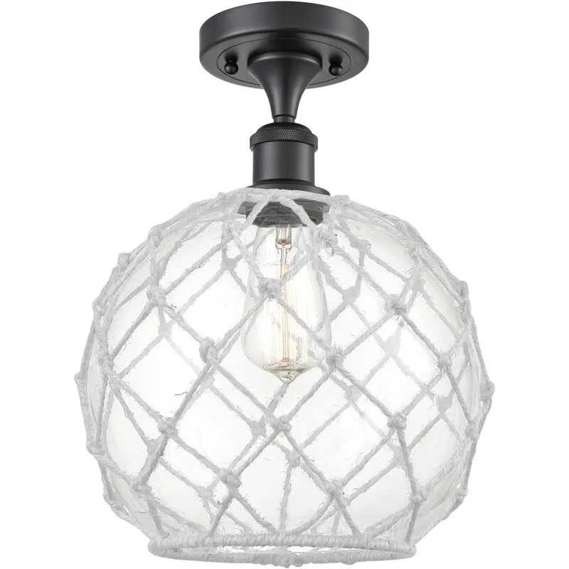 Edison Farmhouse Rope 1 Light 10 inch Matte Black Semi-Flush Mount Ceiling Light in Clear Glass with White Rope