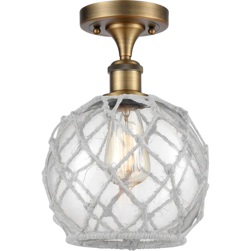 Ballston Farmhouse Rope LED 8 inch Brushed Brass Semi-Flush Mount Ceiling Light in Clear Glass with White Rope, Ballston