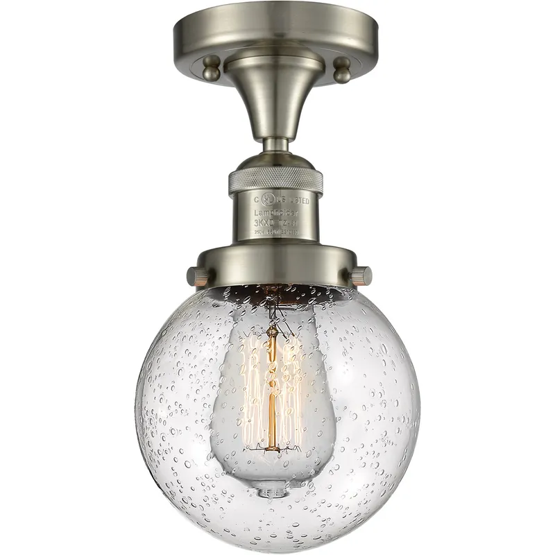 Franklin Restoration Beacon 1 Light 6 inch Brushed Satin Nickel Semi-Flush Mount Ceiling Light in Seedy Glass, Franklin Restoration