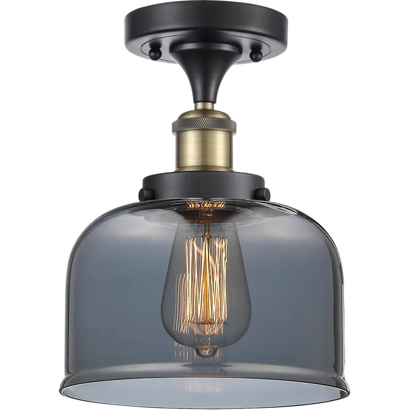 Ballston Large Bell 1 Light 8 inch Black Antique Brass Semi-Flush Mount Ceiling Light in Light Smoke Glass