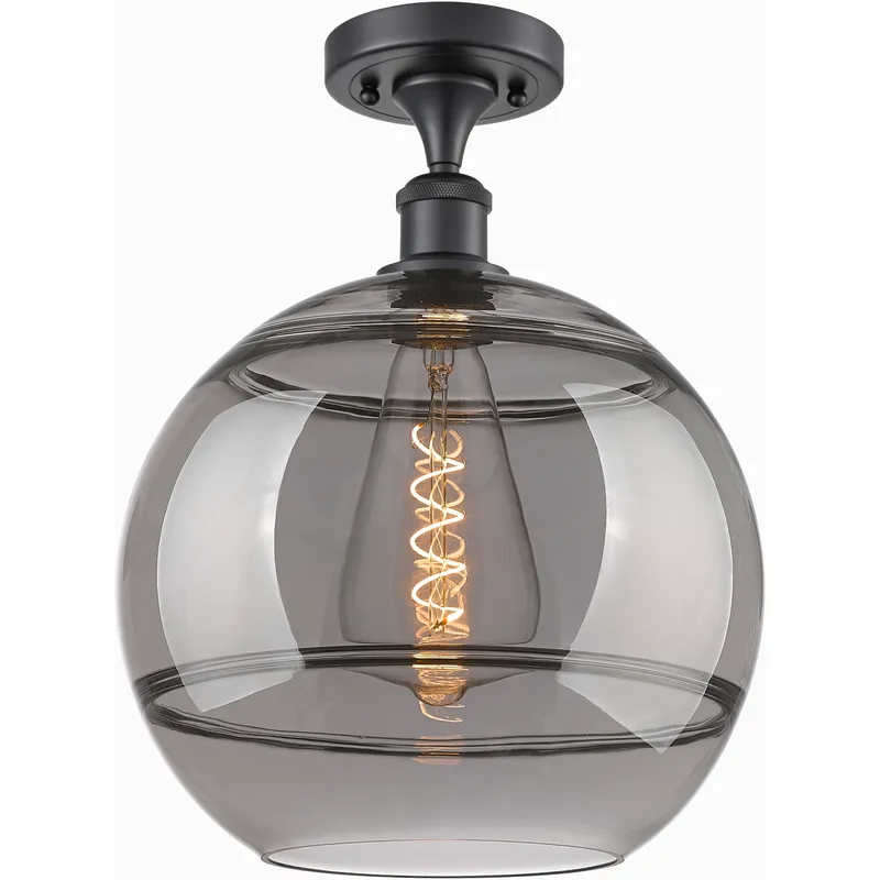Edison Rochester 1 Light 12 inch Matte Black Semi-Flush Mount Ceiling Light in Light Smoke Glass
