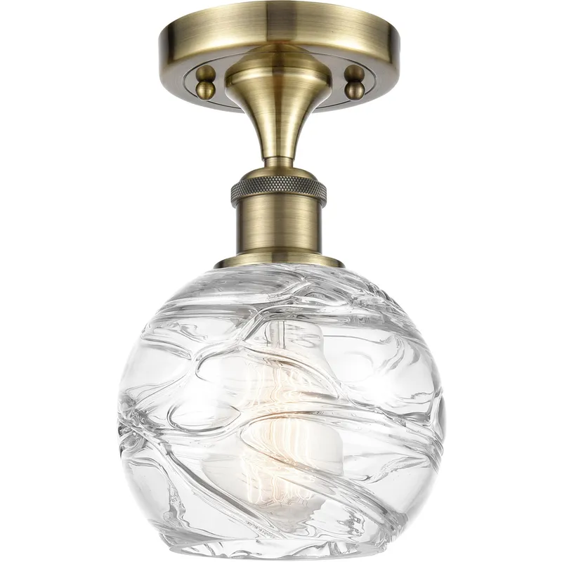 Ballston Small Deco Swirl 1 Light 6 inch Antique Brass Semi-Flush Mount Ceiling Light in Incandescent, Small Athens, Deco Swirl Glass, Ballston