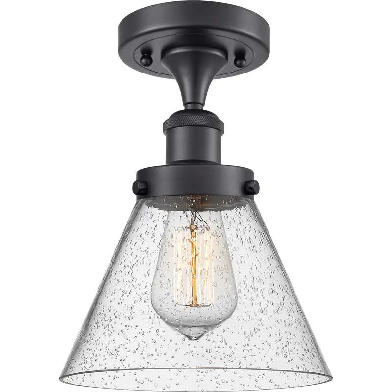 Cone 1 Light 7.75 inch Matte Black Semi-Flush Mount Ceiling Light in Seedy Glass