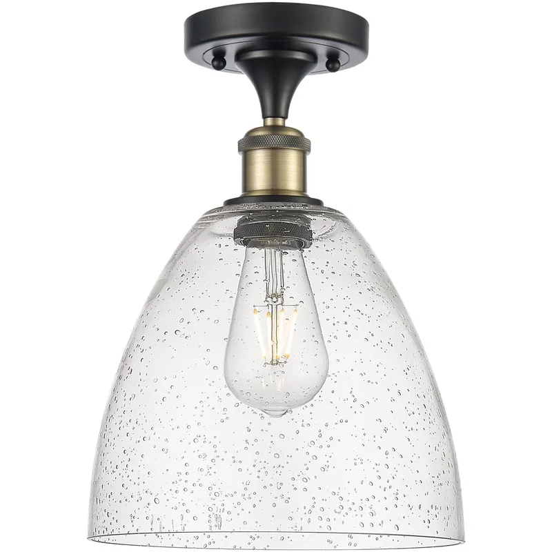 Ballston Dome 1 Light 9 inch Black Antique Brass Semi-Flush Mount Ceiling Light in Seedy Glass