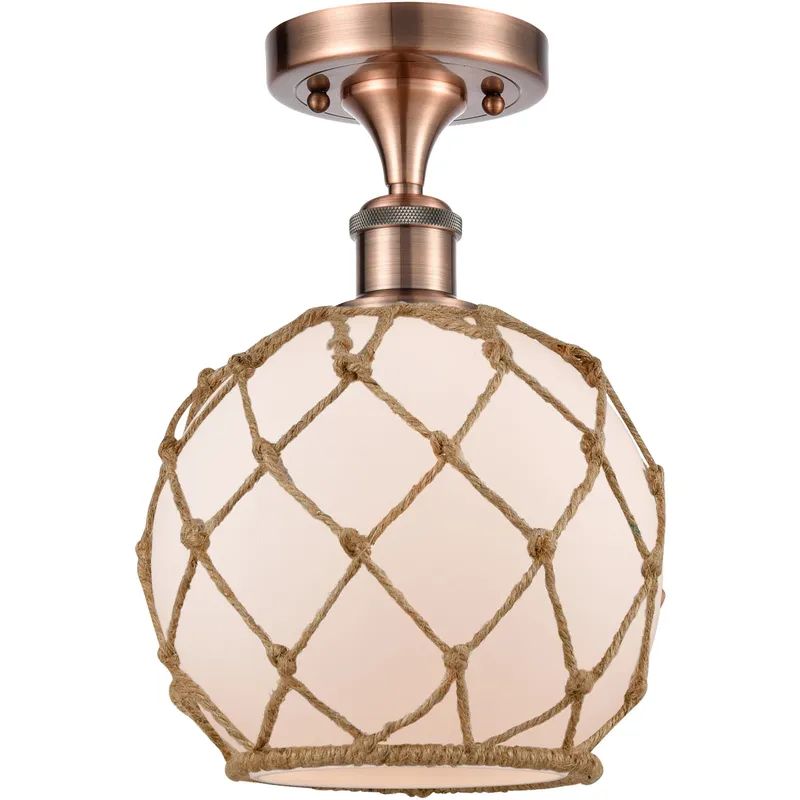 Ballston Farmhouse Rope LED 8 inch Antique Copper Semi-Flush Mount Ceiling Light in White Glass with Brown Rope, Ballston