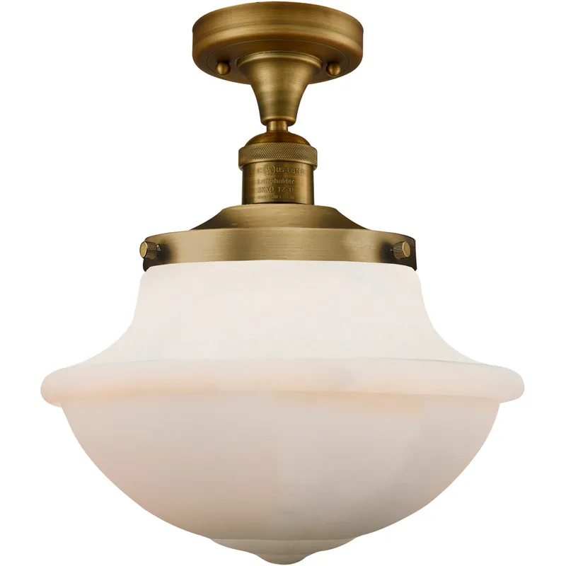 Franklin Restoration Large Oxford 1 Light 12 inch Brushed Brass Semi-Flush Mount Ceiling Light in Matte White Glass, Franklin Restoration