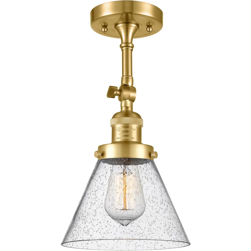 Franklin Restoration Large Cone 1 Light 8 inch Satin Gold Semi-Flush Mount Ceiling Light in Seedy Glass, Franklin Restoration