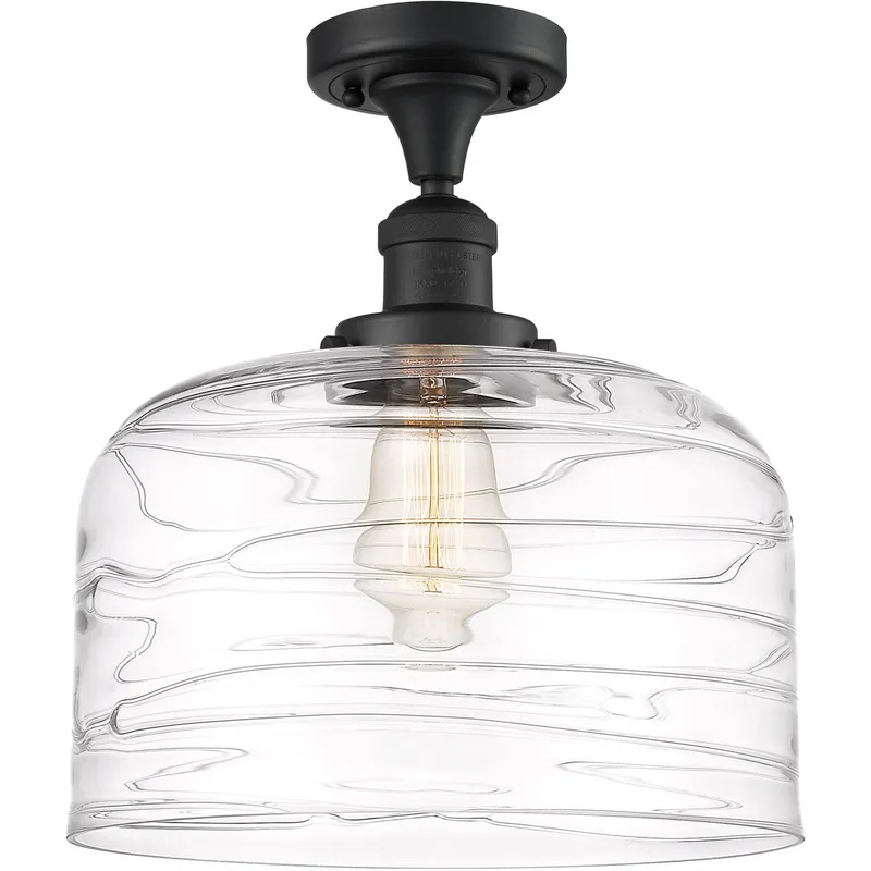 Franklin Restoration Bell LED 12 inch Matte Black Semi-Flush Mount Ceiling Light in Clear Deco Swirl Glass