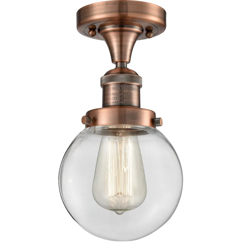 Franklin Restoration Beacon 1 Light 6 inch Antique Copper Semi-Flush Mount Ceiling Light in Clear Glass, Franklin Restoration