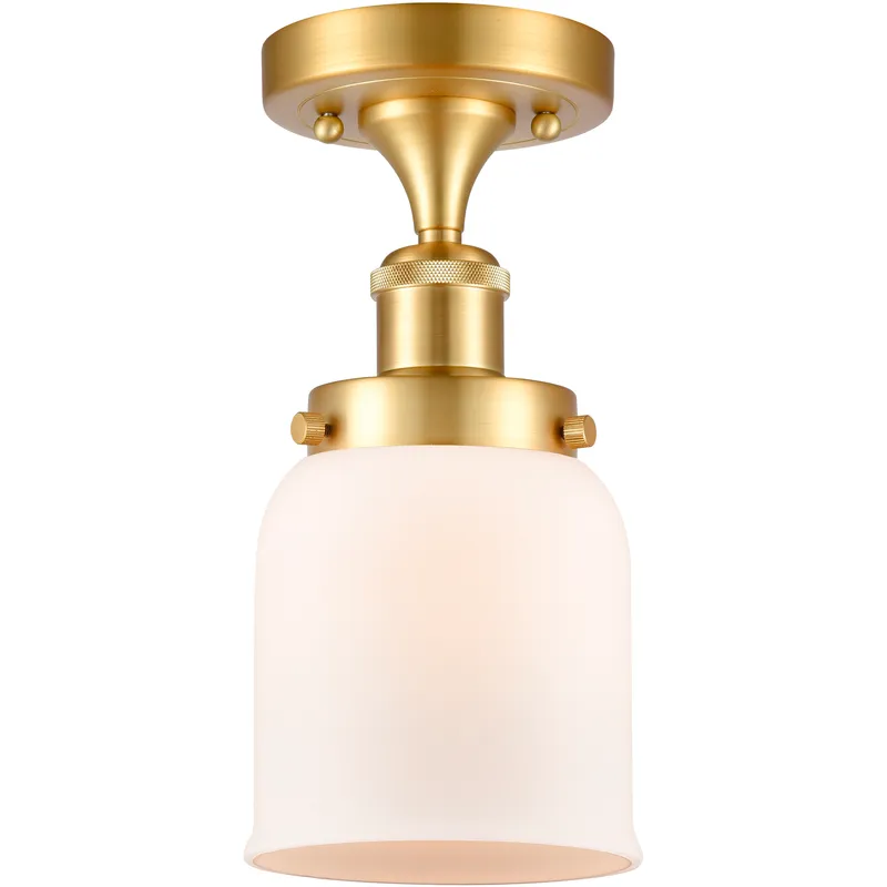 Bell 1 Light 5 inch Satin Gold Semi-Flush Mount Ceiling Light in Matte White Glass