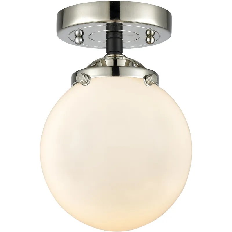 Nouveau Beacon LED 6 inch Black Polished Nickel Semi-Flush Mount Ceiling Light in Matte White Glass, Nouveau