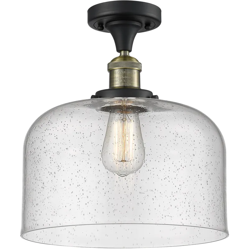 Franklin Restoration X-Large Bell LED 12 inch Black Antique Brass Semi-Flush Mount Ceiling Light in Seedy Glass, Franklin Restoration
