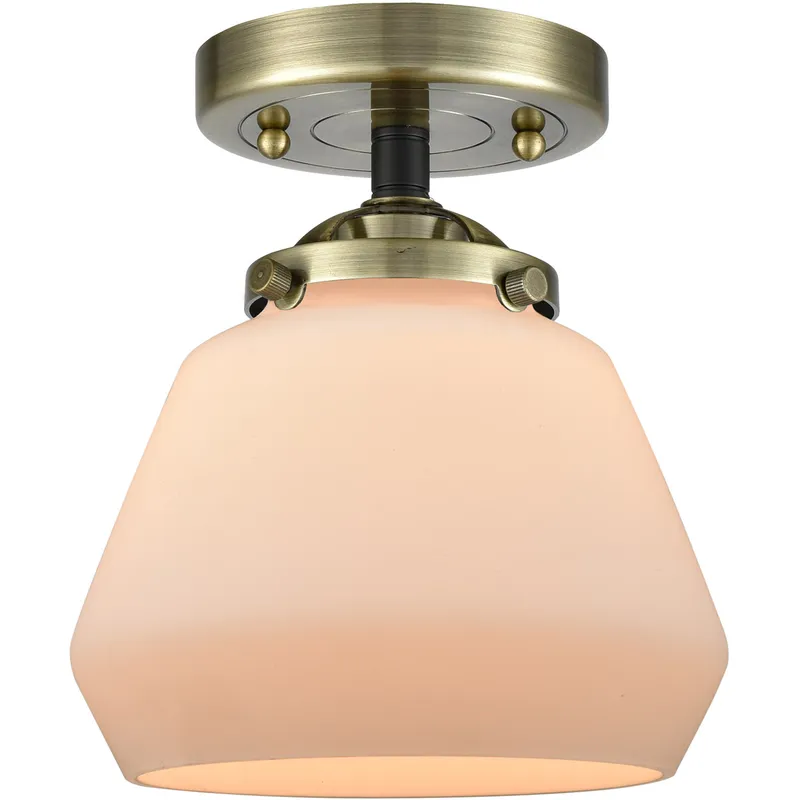 Nouveau Fulton LED 6.75 inch Black Antique Brass Semi-Flush Mount Ceiling Light in Matte White Glass, Nouveau