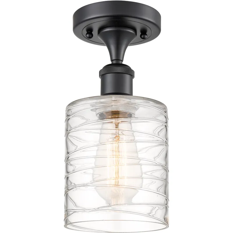 Edison Cobbleskill 1 Light 5 inch Matte Black Semi-Flush Mount Ceiling Light in Deco Swirl Glass