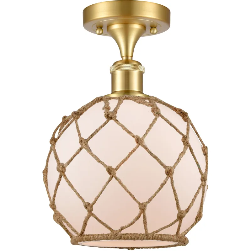 Ballston Farmhouse Rope LED 8 inch Satin Gold Semi-Flush Mount Ceiling Light in White Glass with Brown Rope, Ballston