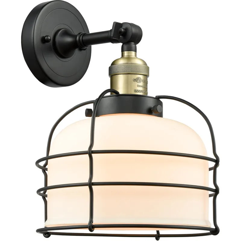 Franklin Restoration Large Bell Cage 1 Light 8 inch Black Antique Brass Semi-Flush Mount Ceiling Light in Matte White with Cage, Franklin Restoration