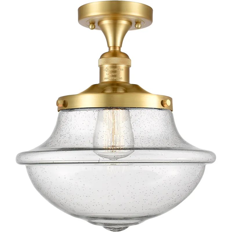 Franklin Restoration Large Oxford 1 Light 12 inch Satin Gold Semi-Flush Mount Ceiling Light in Seedy Glass, Franklin Restoration
