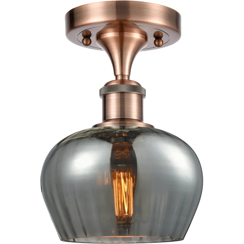 Fenton 1 Light 6.5 inch Antique Copper Semi-Flush Mount Ceiling Light in Plated Smoke Glass
