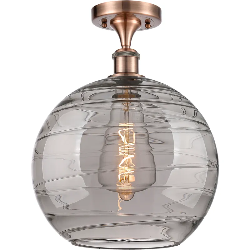Edison Athens Deco Swirl 1 Light 12 inch Antique Copper Semi-Flush Mount Ceiling Light in Light Smoke Deco Swirl Glass