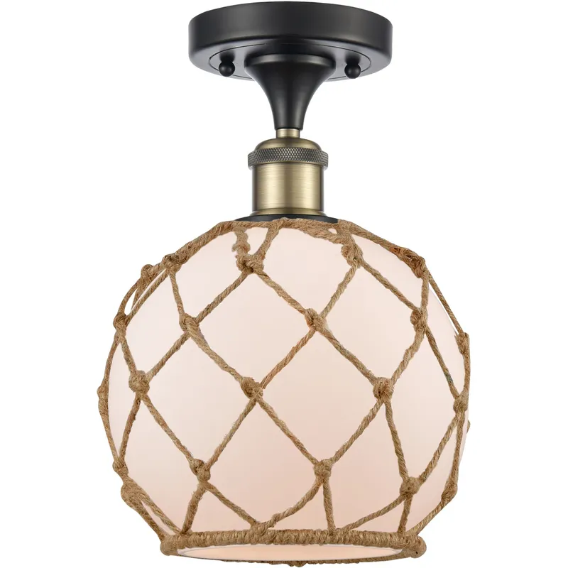 Ballston Farmhouse Rope LED 8 inch Black Antique Brass Semi-Flush Mount Ceiling Light in White Glass with Brown Rope, Ballston