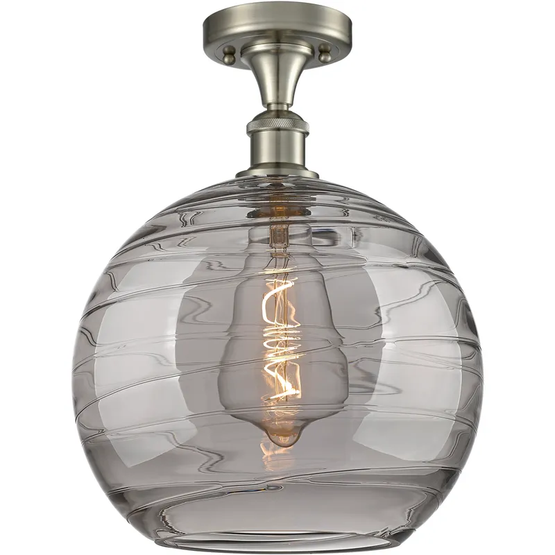 Edison Athens Deco Swirl 1 Light 12 inch Brushed Satin Nickel Semi-Flush Mount Ceiling Light in Light Smoke Deco Swirl Glass