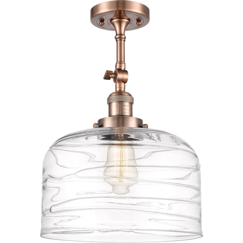 Franklin Restoration Bell LED 12 inch Antique Copper Semi-Flush Mount Ceiling Light in Clear Deco Swirl Glass