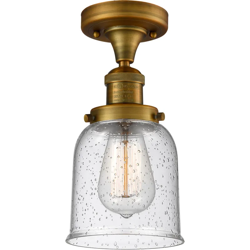 Franklin Restoration Small Bell 1 Light 5 inch Brushed Brass Semi-Flush Mount Ceiling Light in Seedy Glass, Franklin Restoration