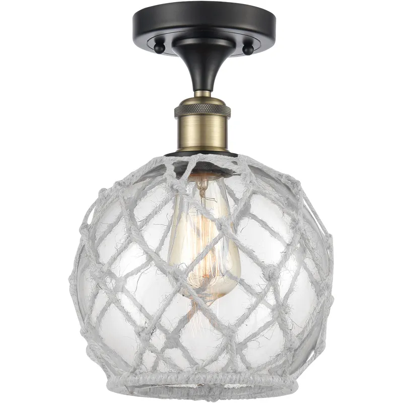Ballston Farmhouse Rope LED 8 inch Black Antique Brass Semi-Flush Mount Ceiling Light in Clear Glass with White Rope, Ballston