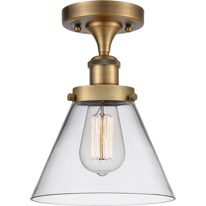Ballston Large Cone LED 8 inch Brushed Brass Semi-Flush Mount Ceiling Light in Clear Glass