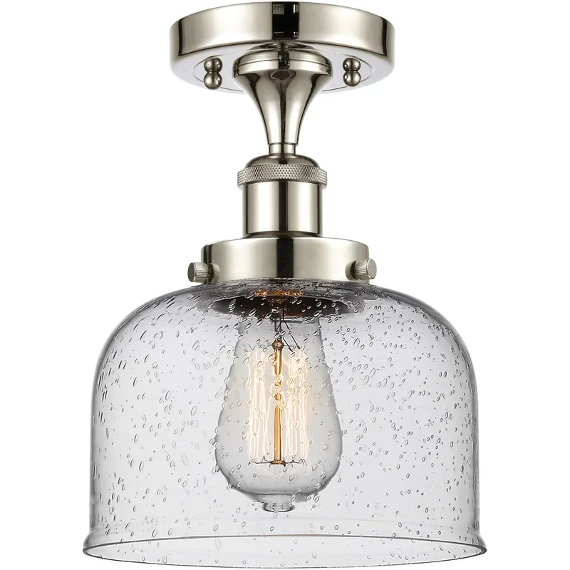 Ballston Large Bell 1 Light 8 inch Polished Nickel Semi-Flush Mount Ceiling Light in Seedy Glass